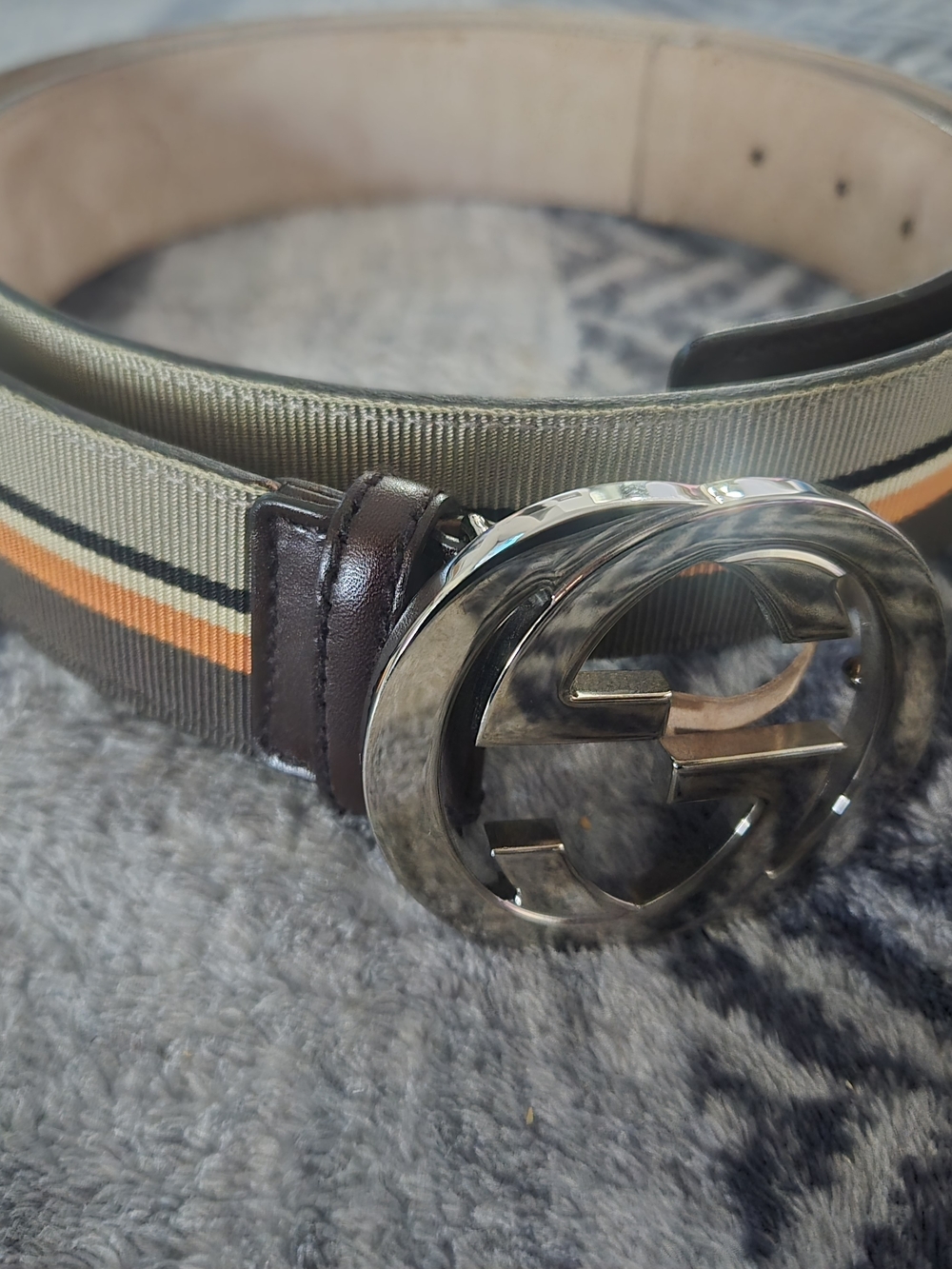 Gucci Men's Signature Web Stripe Belt in Beige with Orange Stripe